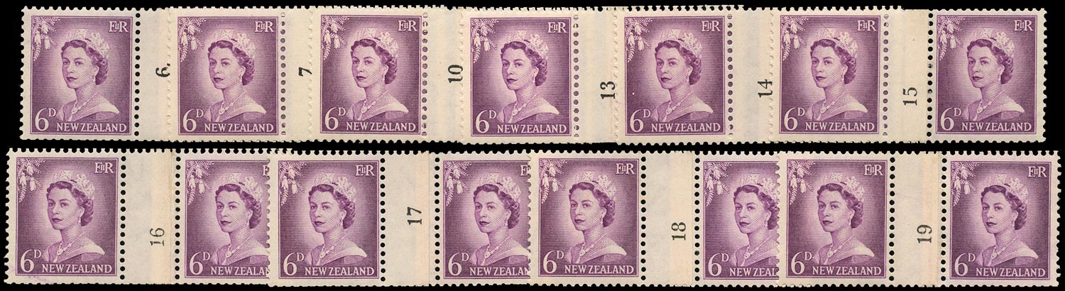 NEW ZEALAND 1955  SG750 Mint unmounted QEII 6d purple counter coil pairs x10