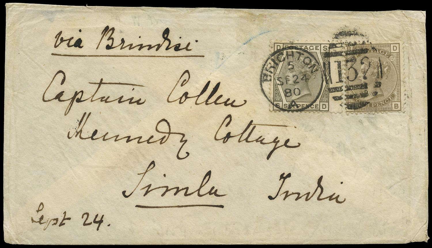 GB 1880  SG147, 154 Cover - Brighton to Simla, India