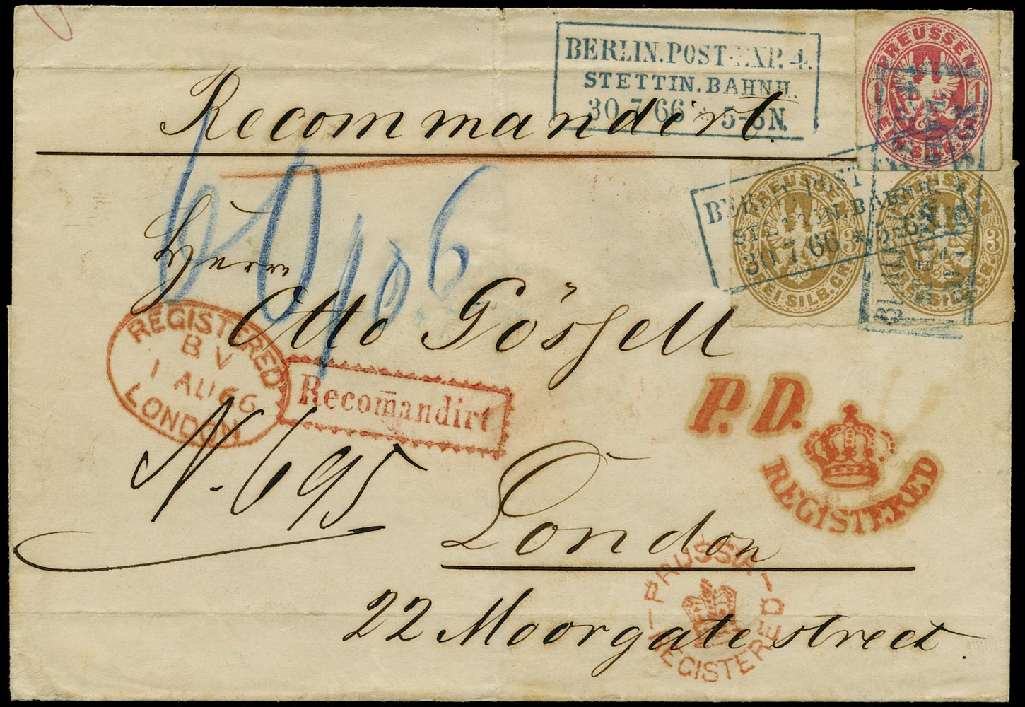 GB 1866 Cover - Registered Cover from Berlin, Prussia Crown H/S
