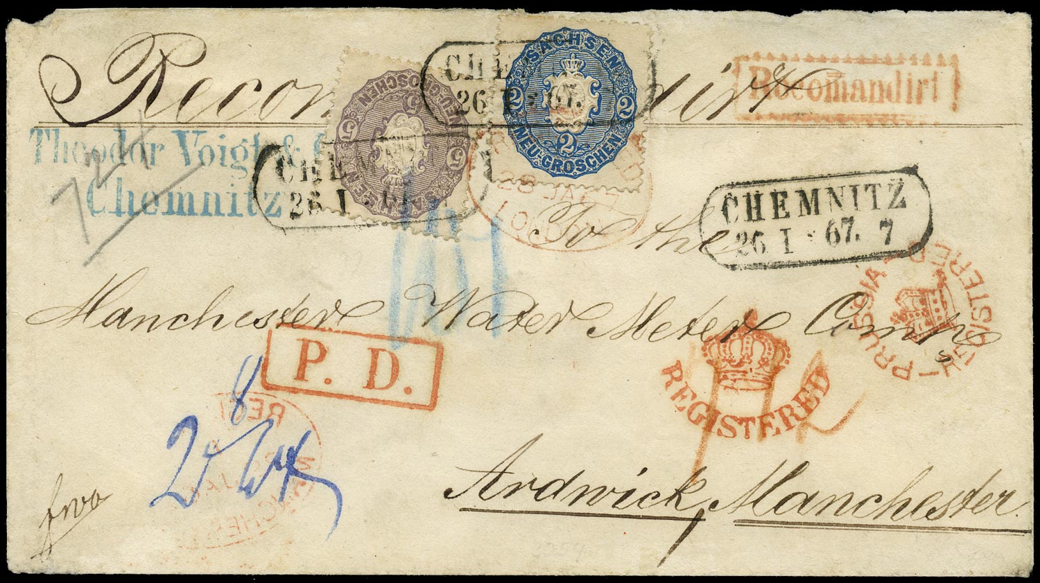 GB 1867 Cover - Registered cover from Chemnitz, Prussia H/S