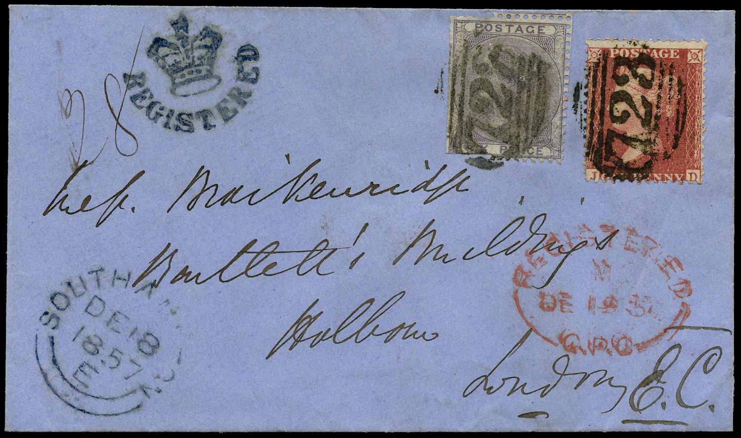 GB 1857  SG40,68 Cover - Southampton Crown/Registered handstamp