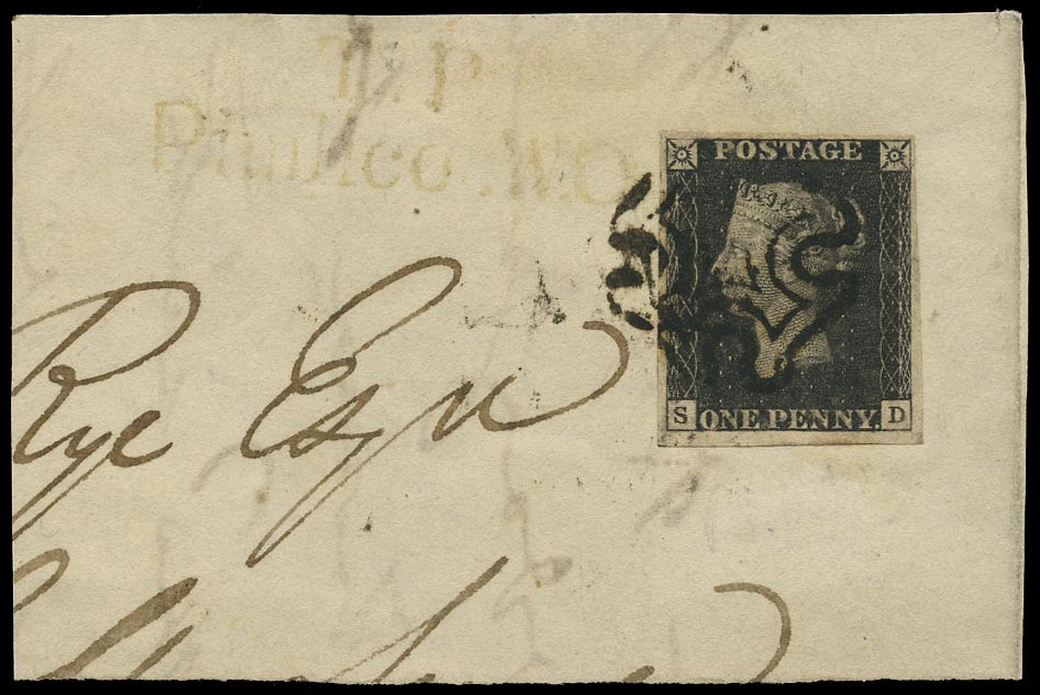 GB 1840  SG2 Pl.10 Penny Black VFU on piece (SD)