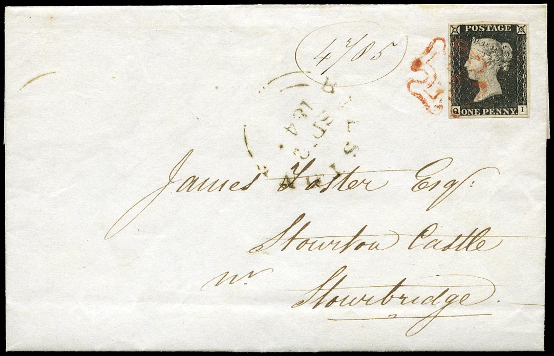 GB 1840  SG2 Pl.2 Penny Black - Bilstone to Stourbridge