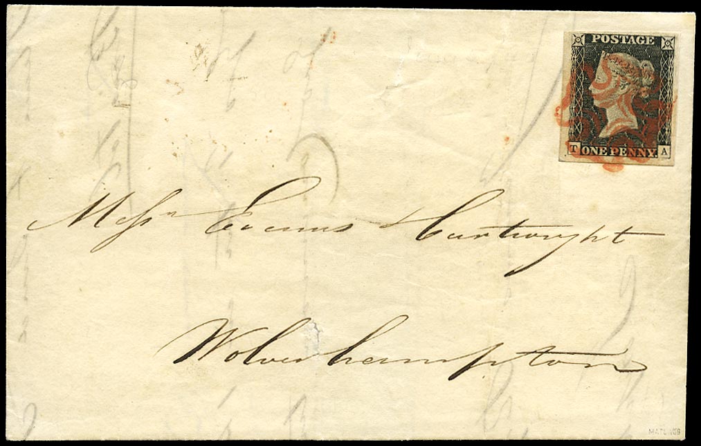 GB 1840  SG2 Pl.2 Penny Black - London to Wolverhampton