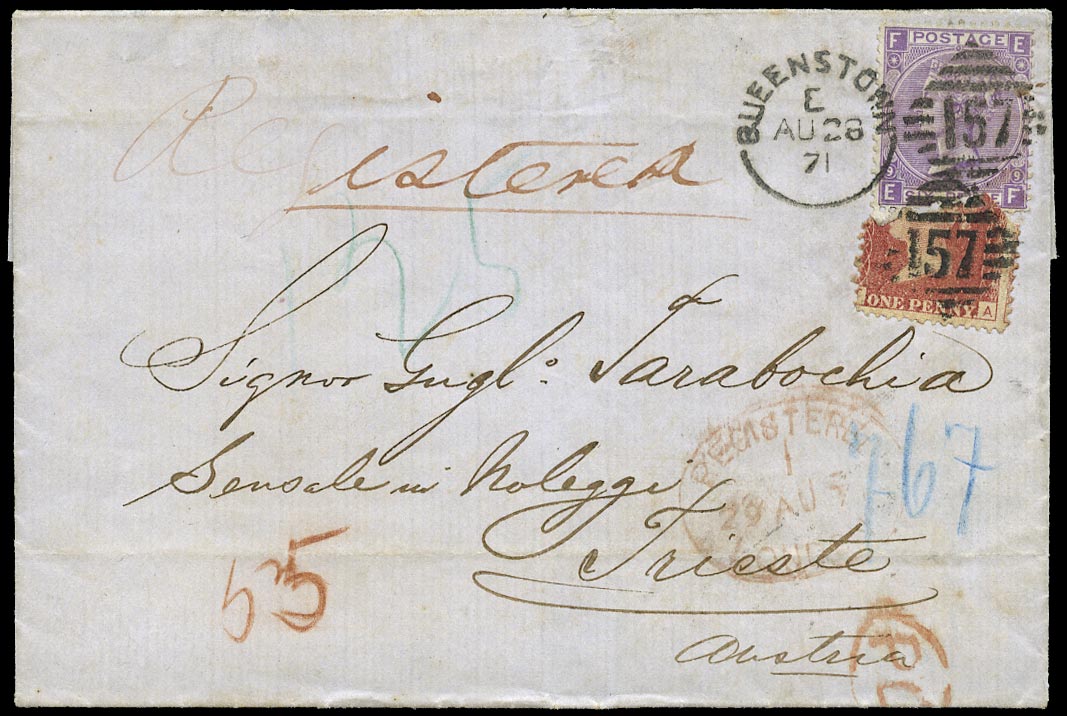 GB 1871  SG40,109 Cover - 1d Rose-red mutilated stamp on cover
