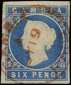 GAMBIA 1869  SG4 Used 6d pale blue, no wmk