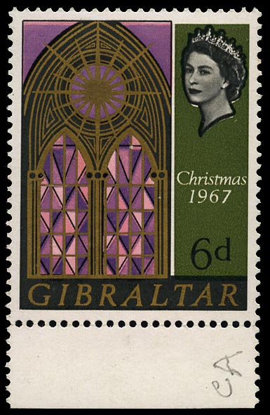 GIBRALTAR 1967  SG218w Mint unmounted Christmas 6d variety watermark Crown to right of CA