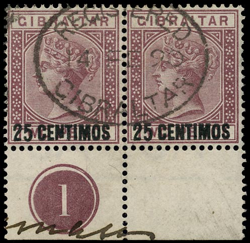GIBRALTAR 1889  SG17b Used QV 25c on 2d brown-purple variety Broken N