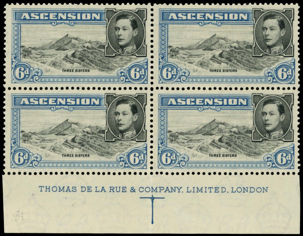 ASCENSION 1938  SG43 Mint 6d perf 13&frac12; imprint block with R9/3 weak entry