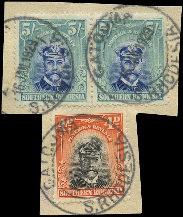 SOUTHERN RHODESIA 1924  SG14 Used 5s blue and blue-green pair tied to piece by GATOOMA cds