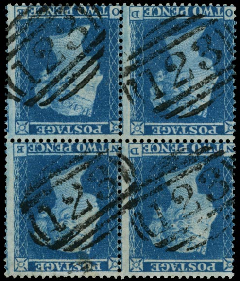 GB 1854  SG19wi Pl.4 Used - Wmk Inverted VFU block of four (ND-OE)