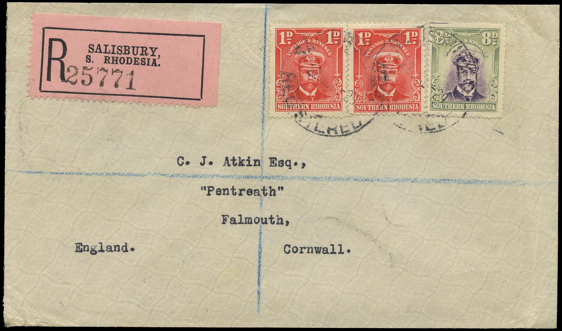 SOUTHERN RHODESIA 1929  SG2, 8 Cover 10d Registered Franking to UK