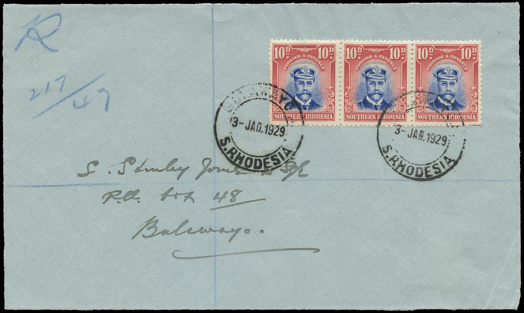 SOUTHERN RHODESIA 1929  SG9 Cover 10d Admiral Strip of 3 on Cover front