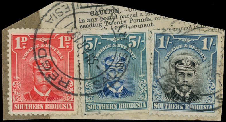 SOUTHERN RHODESIA 1924  SG14 Used 5s blue and blue green used on parcel piece