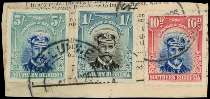SOUTHERN RHODESIA 1924  SG14, 10, 9 Used 5s blue and blue green & 10d used on parcel piece