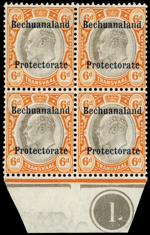 BECHUANALAND 1910  SGF1 Mint Postal Fiscal 6d black and brown-orange Plate block