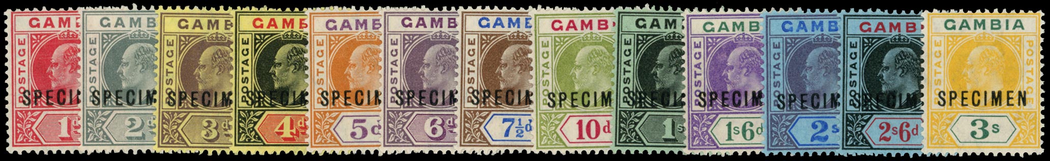 GAMBIA 1909  SG73s/85s Specimen KEVII set of 13 to 3s watermark MCA