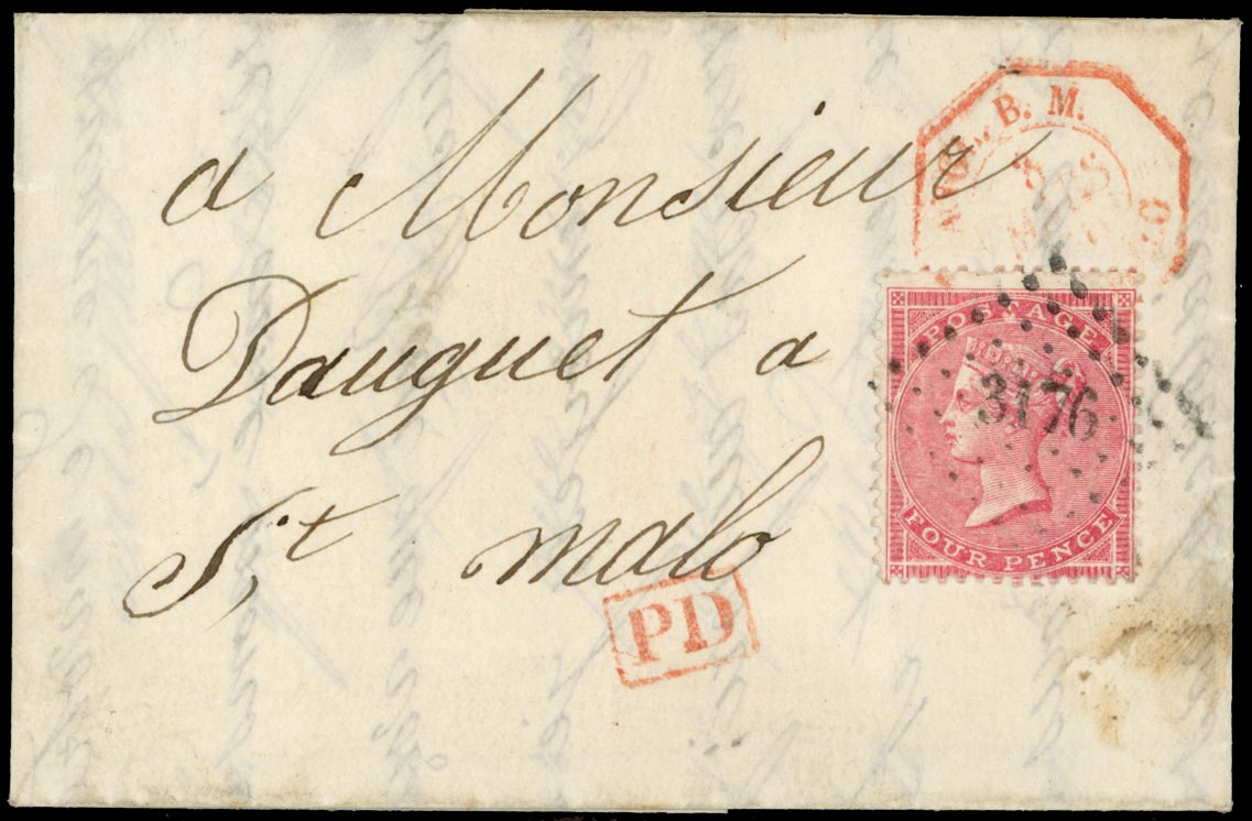 GB 1860  SG66a Cover - Jersey to St Malo, St Malo '3176' lozenge