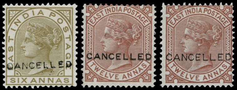 INDIA 1876  SG80, 82 Specimen 6a and 12a (x2) "CANCELLED" (Samuel type 9)
