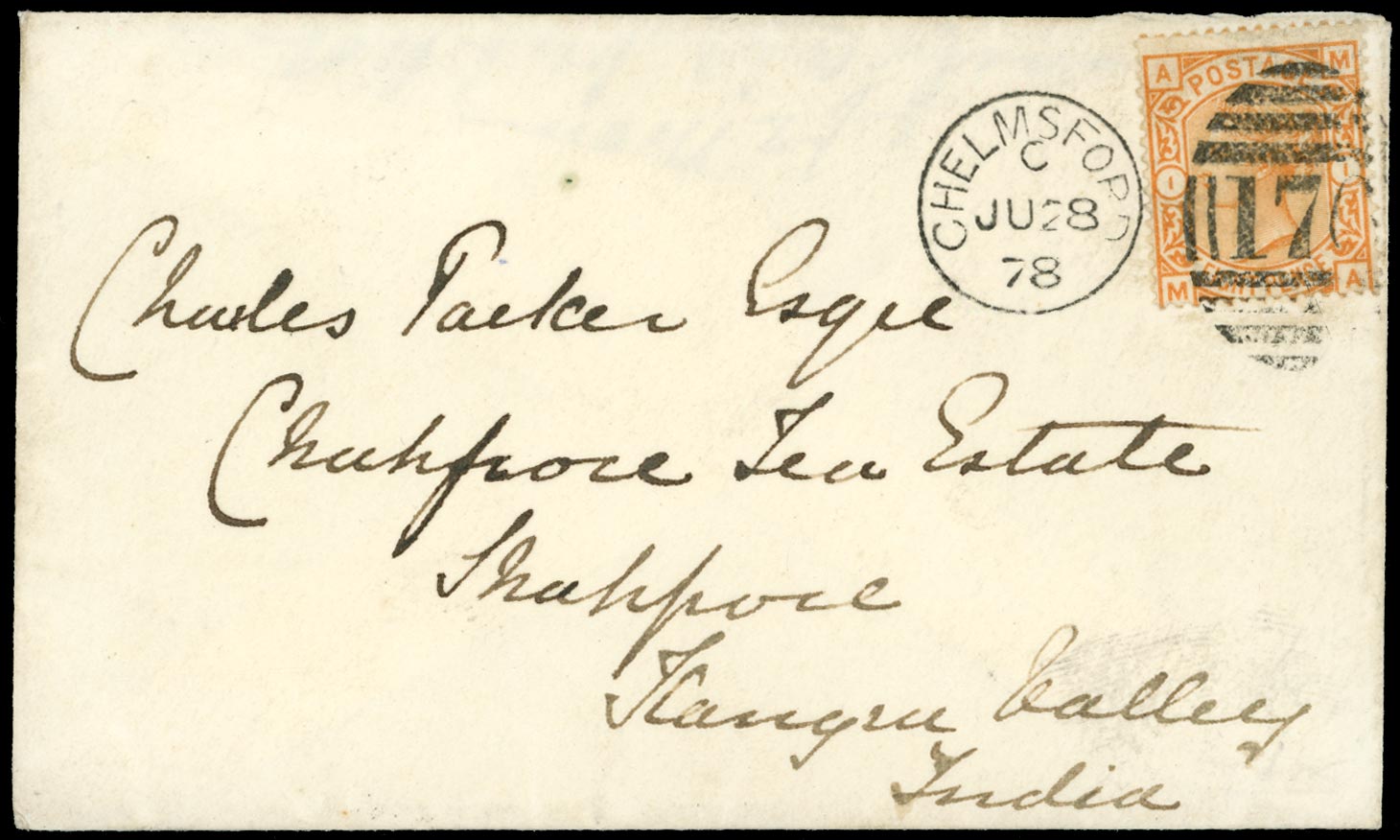 GB 1878  SG156 Pl.1 Cover - Chelmsford to Shahpur, Kangra Valley, India