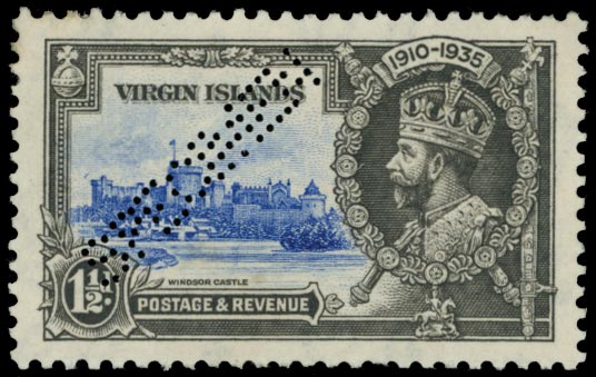 VIRGIN ISLANDS 1935  SG104ms Specimen Silver Jubilee 1&frac12;d ultramarine and grey variety Bird by turret
