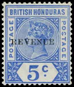 BRITISH HONDURAS 1899  SG66b Mint QV 5c ultramarine overprinted REVENUE variety Malformed S