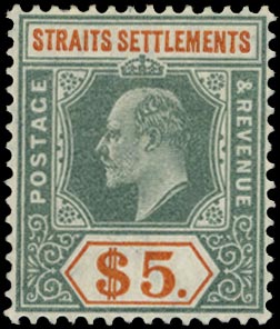 MALAYA - STRAITS 1904  SG138 Mint KEVII $5 dull green and brown-orange on ordinary paper watermark MCA