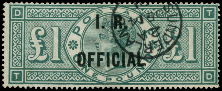 GB 1892  SGO16 Official - £1 Green (I.R. Official), VFU Sunderland cds