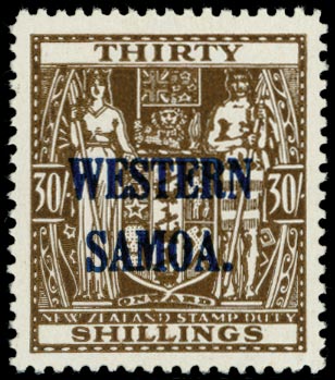 SAMOA 1945  SG211 Mint unmounted Arms 30s brown watermark multiple NZ and Star