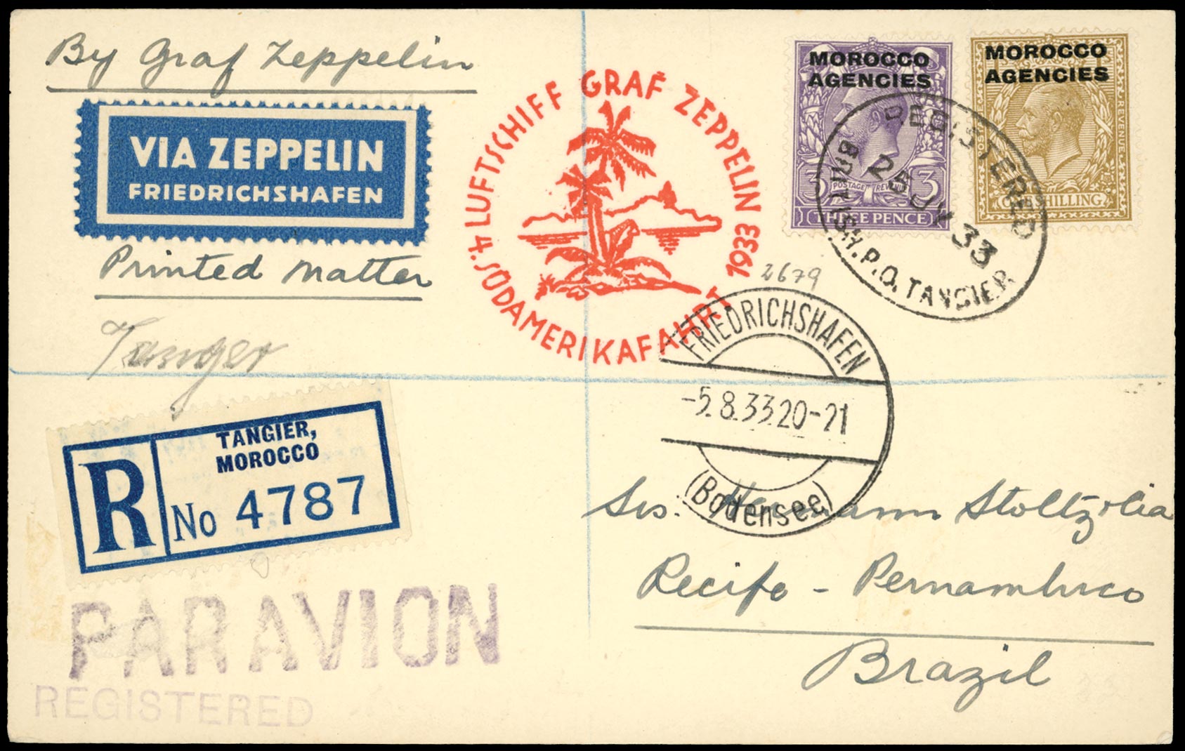 MOROCCO AGENCIES 1933  SG46, 61 Cover registered Zeppelin cover to Brazil carried on the Fourth South American flight