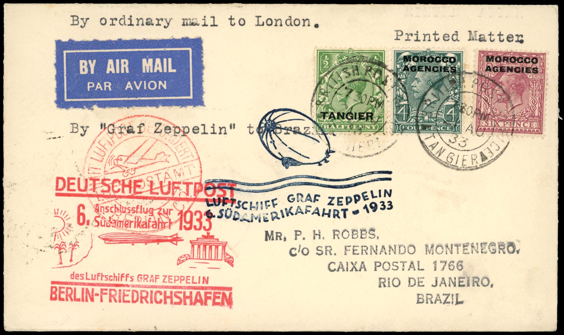 MOROCCO AGENCIES 1933  SG47, 60 Cover from Tangier to Brazil carried on the Sixth South American Zeppelin flight