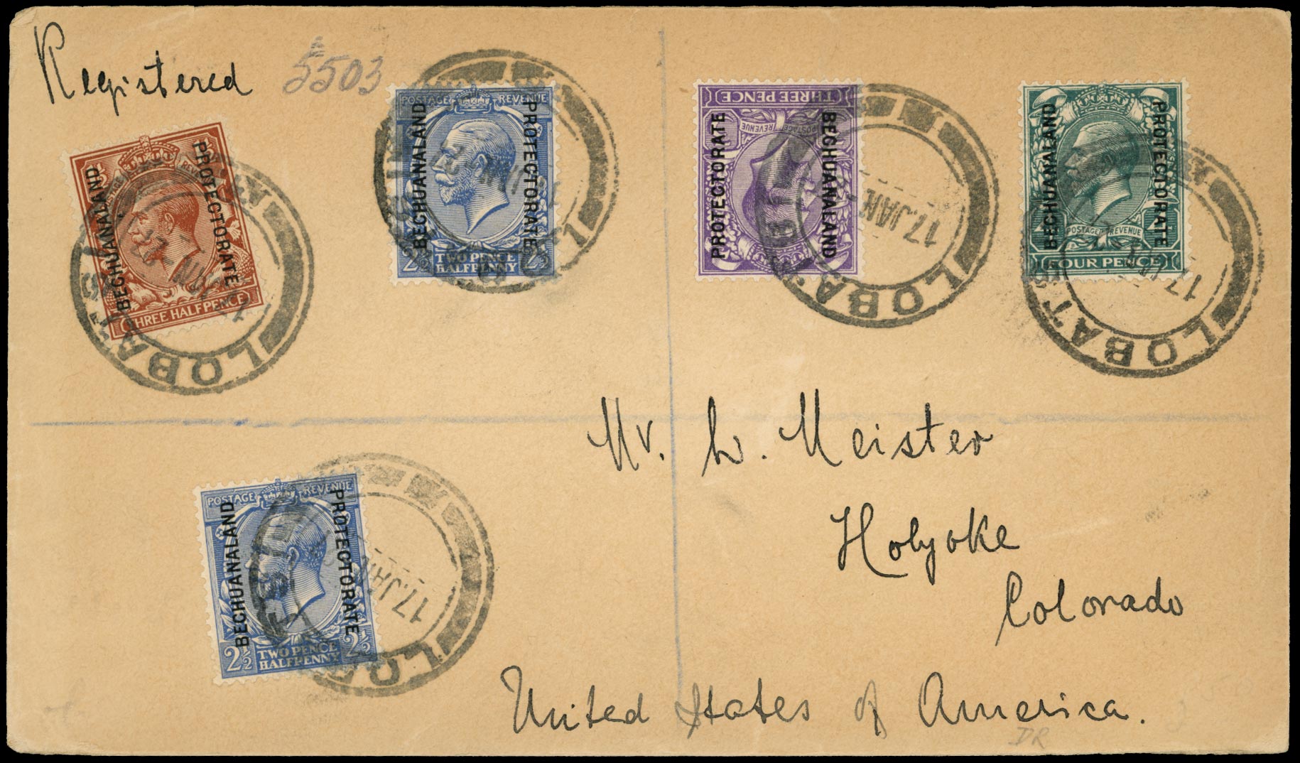 BECHUANALAND 1927  SG75, 78a, 79, 80 Cover registered from Lobatsi to Colorado