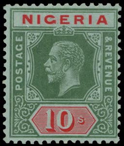 NIGERIA 1914  SG11b Mint KGV 10s green and red on blue-green paper with PALE OLIVE BACK