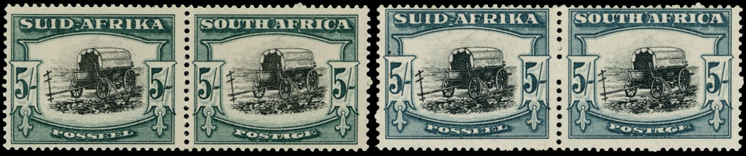 SOUTH AFRICA 1933  SG64, 64b Mint unmounted 5s hyphenated pairs in black & green and black & blue-green