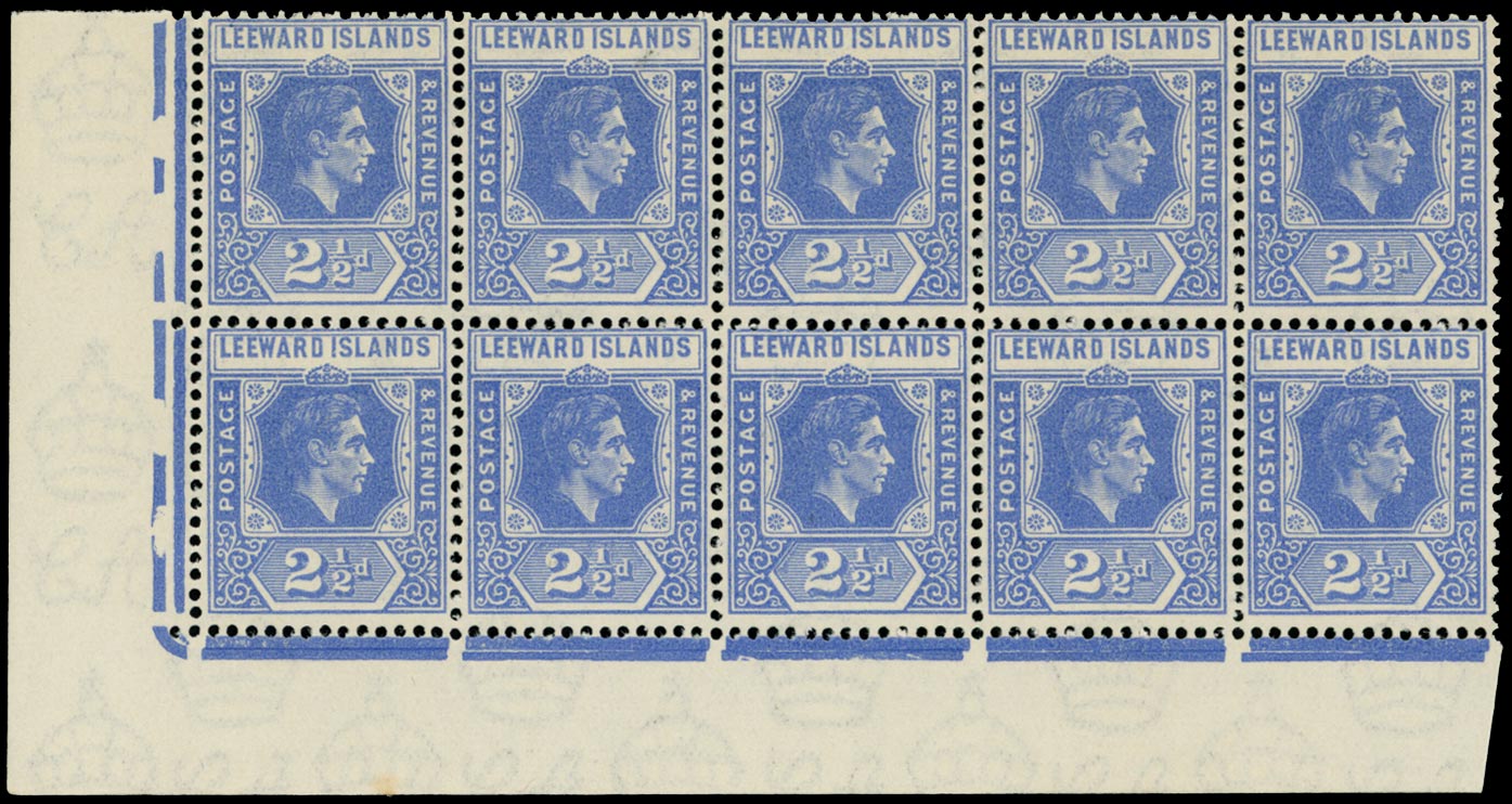 LEEWARD ISLANDS 1938  SG105 var Mint unmounted 2&frac12;d bright blue with R9-10/1 varieties