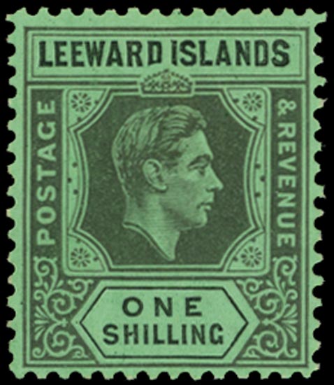 LEEWARD ISLANDS 1938  SG110a Mint KGVI 1s chalk-surfaced paper with 'DI' flaw