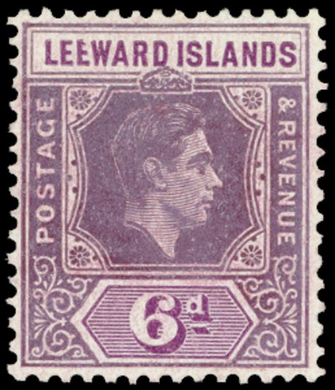 LEEWARD ISLANDS 1938  SG109ab Mint 6d ordinary paper variety Broken E