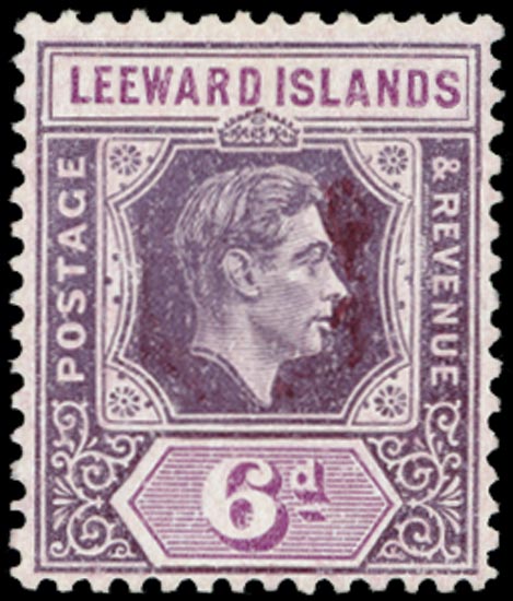 LEEWARD ISLANDS 1938  SG109a Mint 6d smeary wartime print with handpainting