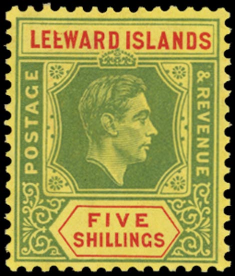 LEEWARD ISLANDS 1938  SG112a Mint KGVI 5s chalk-surfaced paper variety Broken E