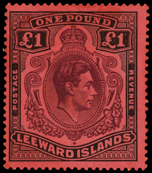 LEEWARD ISLANDS 1938  SG114 Mint KGVI £1 brown-purple and black on red paper perf 14