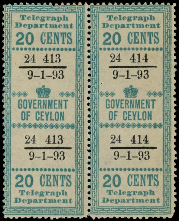 CEYLON 1892  SGT134a Telegraph 20c green horizontal pair, unmounted o.g.