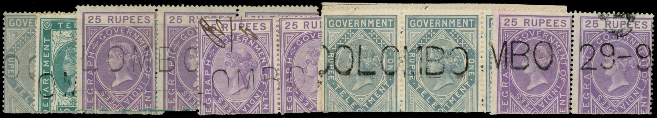 CEYLON 1869  SGZT5, 9, 12/13 Telegraph India multiples used at Colombo