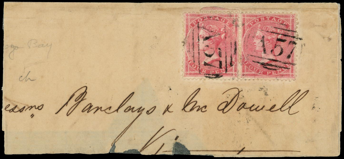JAMAICA 1859  SGZ110 Cancel A57 of Montego Bay used on GB 4d rose pair