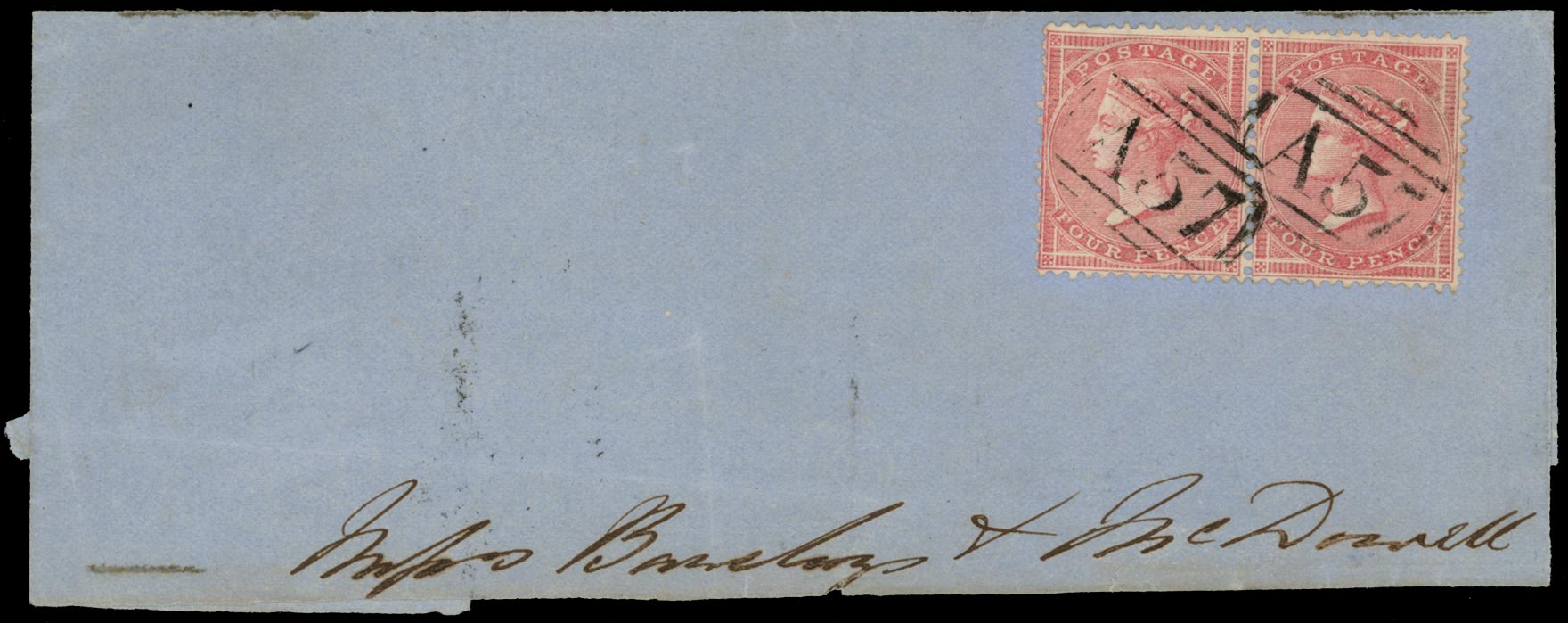 JAMAICA 1859  SGZ110 Cancel A57 of Montego Bay used on GB 4d rose pair