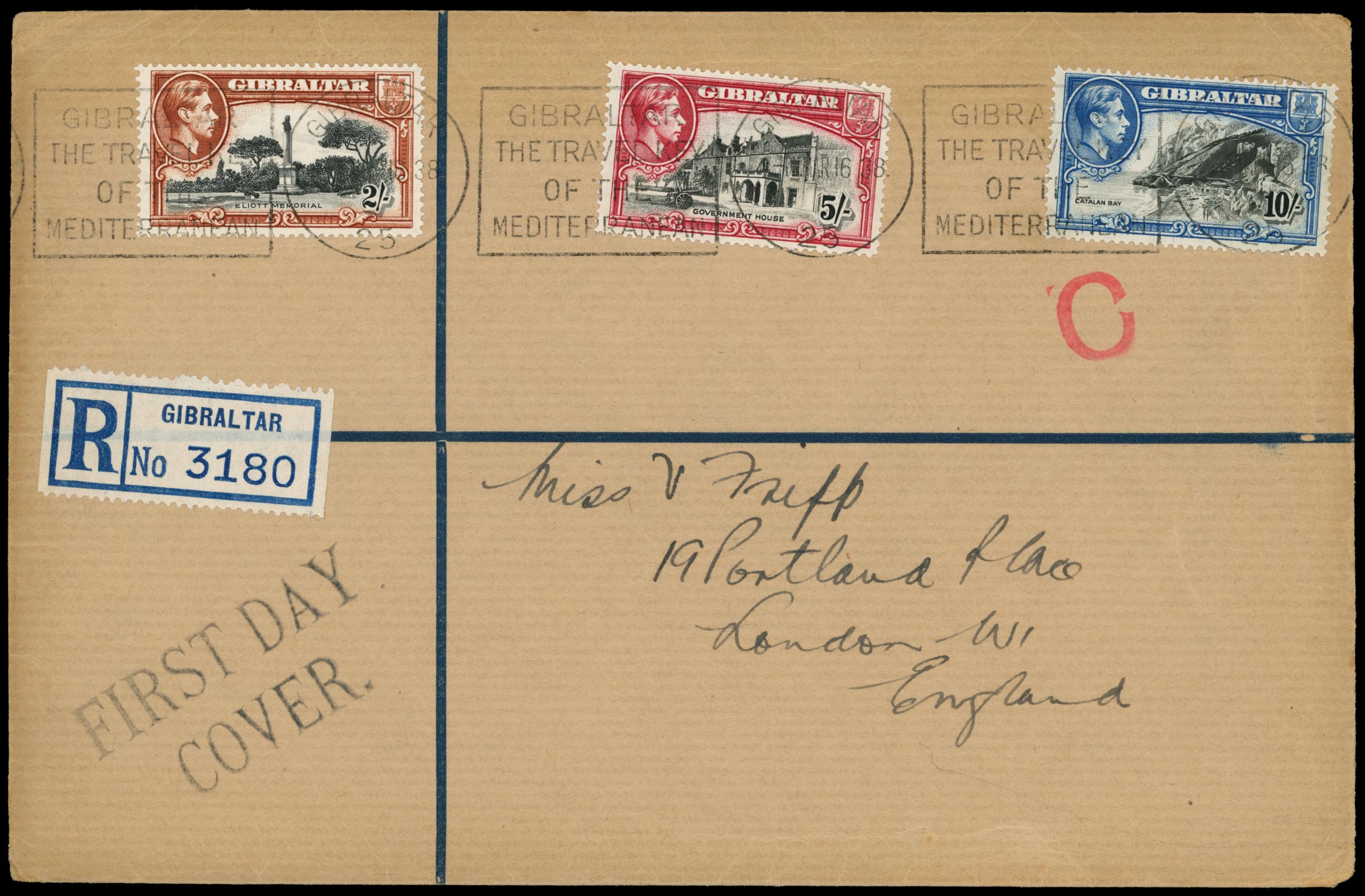 GIBRALTAR 1938  SG128, 129, 130 Cover of KGVI 2s, 5s, 10s cancelled on first day of issue