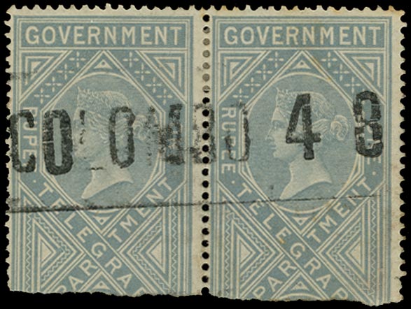 CEYLON 1869  SGZT4 Telegraph 1r Die I pair Colombo type I cancel on India