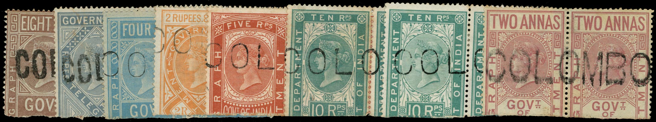 CEYLON 1869  SGZT1/3, 5/6, 8/10 Telegraph Seven pairs (inclg 10r Die II) and a strip of 3, COLOMBO cancels (Types I/III) on India