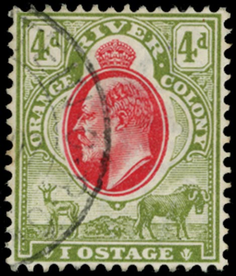 ORANGE FREE STATE 1903  SG144a Used 4d scarlet and sage-green watermark Crown CA variety IOSTAGE