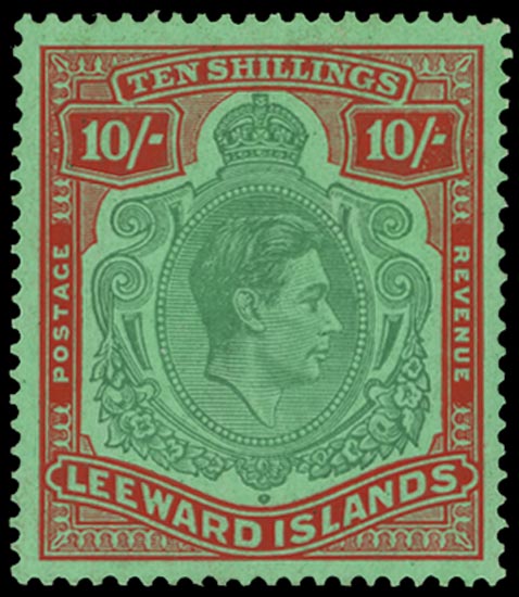 LEEWARD ISLANDS 1938  SG113b Mint unmounted 10s green and red on ordinary green paper