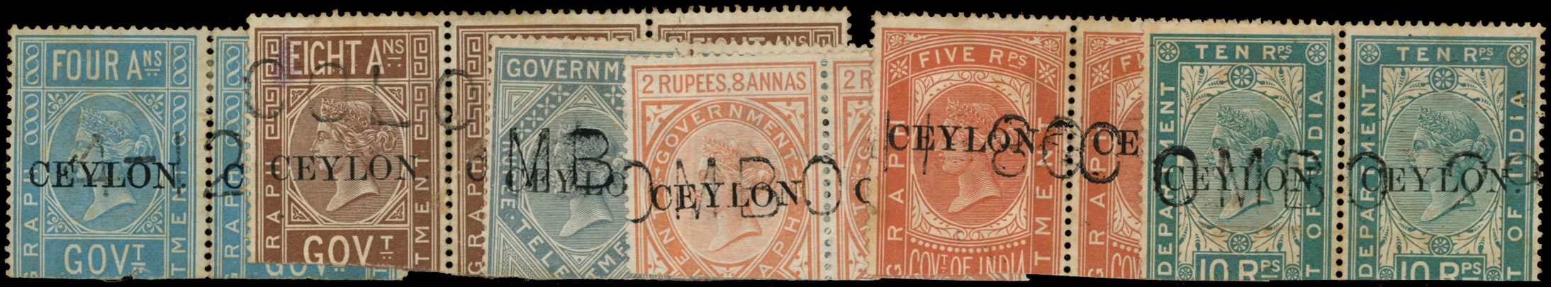 CEYLON 1880  SGT2/7 Telegraph Opt on India 4a to 10r used PAIRS x6 (8a in str3)